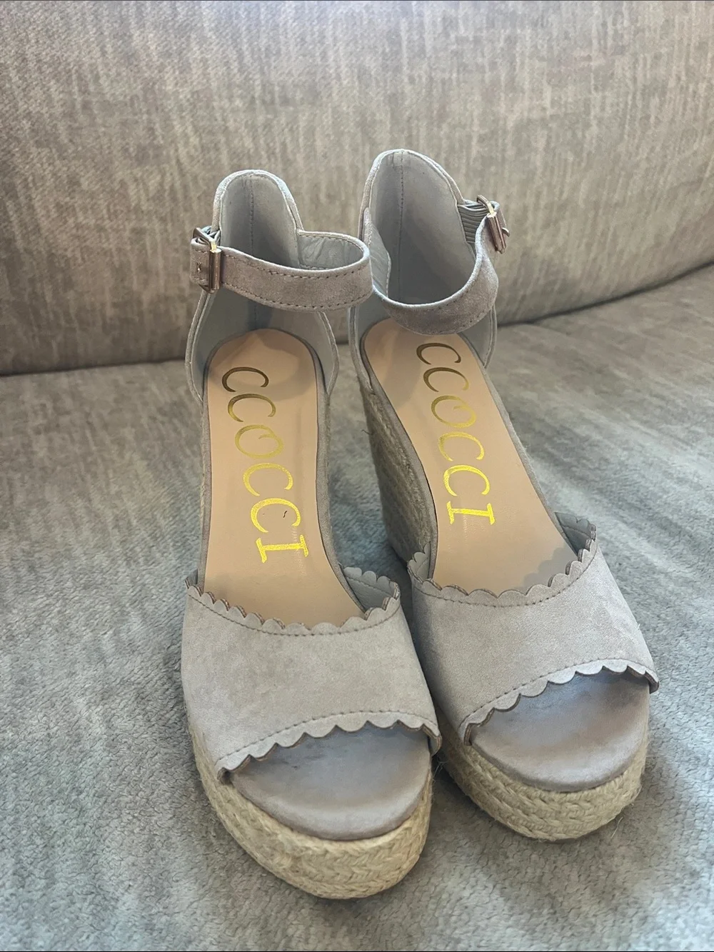 CCOCCI Light Gray Scalloped Suede Espadrille Wedges
